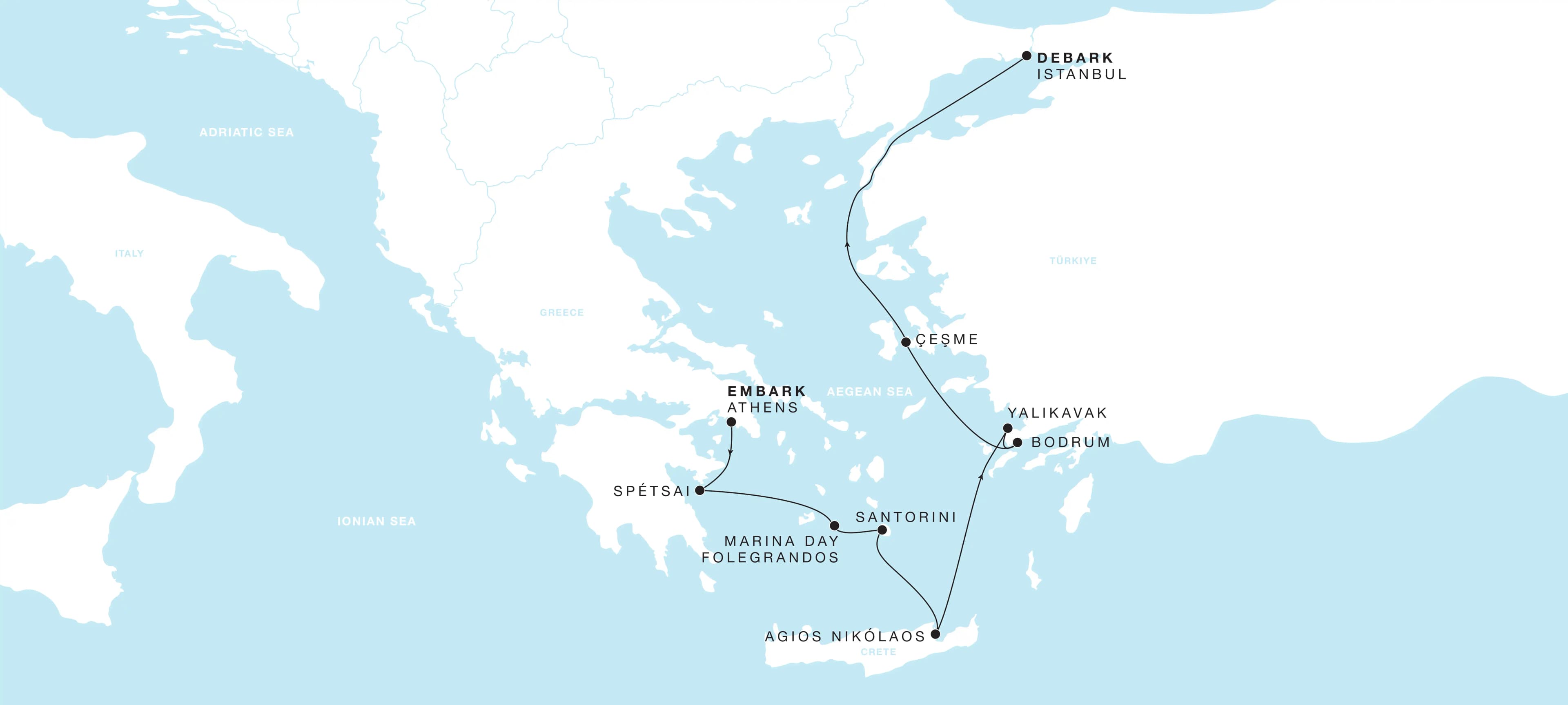 Map of Greek Isles featuring Santorini and Yalikavak